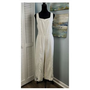 NWT Sugarlips White w/ Blue Stich Linen Blend Wide Leg Jumpsuit Size Large